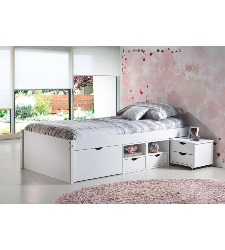Letto singolo con vani contenitore e comodino con ruote incluse "Till" bianco 90x200 cm